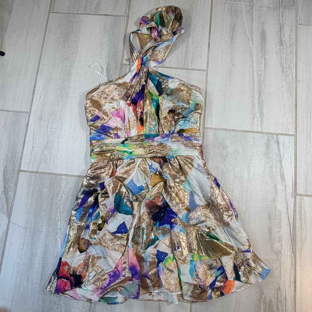 Ramy Brook Marble Reuben Halter Mini Dress Gold Metallic Abstract Print Size 8